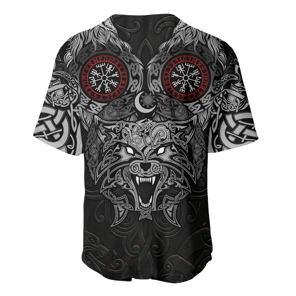 Fenrir Wolf and Vegvisir Viking Baseball Jersey Nordic Celtic Knotwork Black and Red Tribal Art