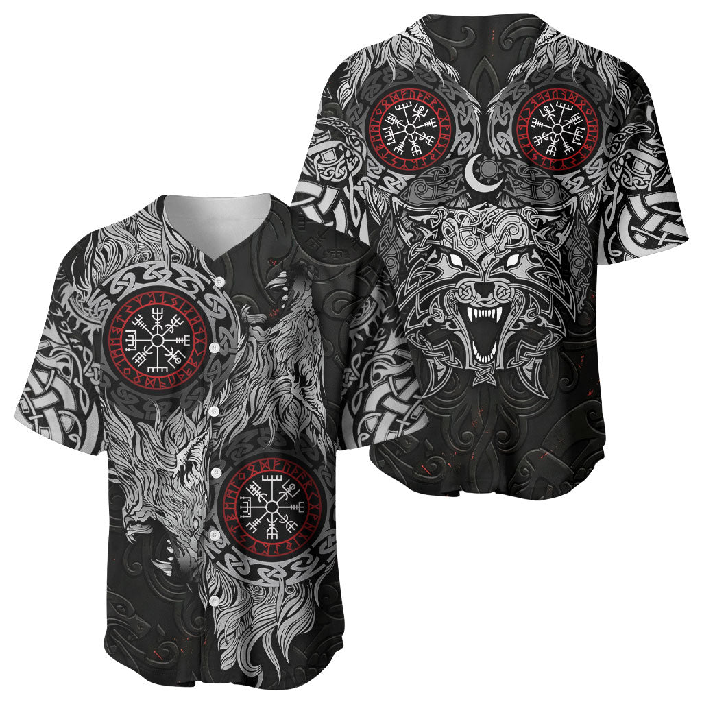 Fenrir Wolf and Vegvisir Viking Baseball Jersey Nordic Celtic Knotwork Black and Red Tribal Art