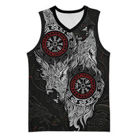 Fenrir Wolf and Vegvisir Viking Basketball Jersey Nordic Celtic Knotwork Black and Red Tribal Art