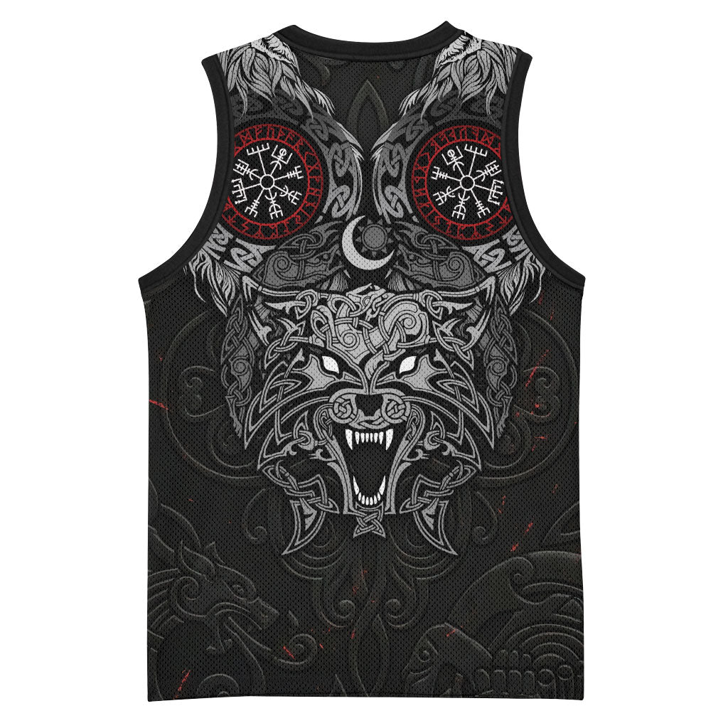 Fenrir Wolf and Vegvisir Viking Basketball Jersey Nordic Celtic Knotwork Black and Red Tribal Art