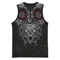 Fenrir Wolf and Vegvisir Viking Basketball Jersey Nordic Celtic Knotwork Black and Red Tribal Art