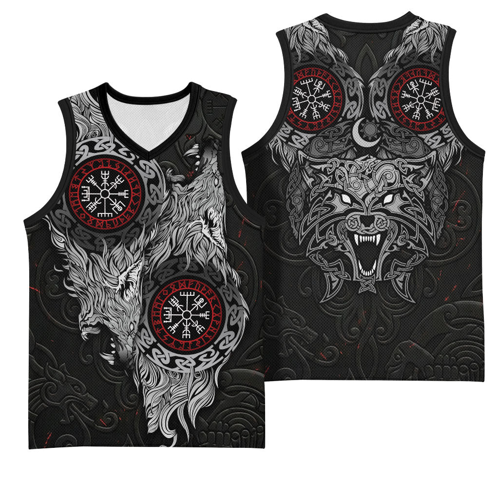 Fenrir Wolf and Vegvisir Viking Basketball Jersey Nordic Celtic Knotwork Black and Red Tribal Art