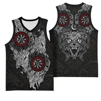 Fenrir Wolf and Vegvisir Viking Basketball Jersey Nordic Celtic Knotwork Black and Red Tribal Art
