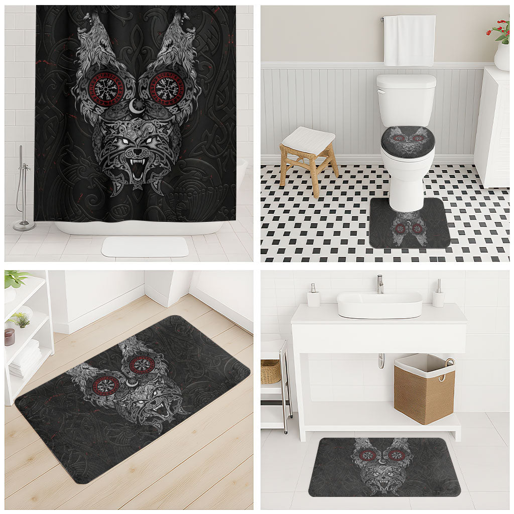 Fenrir Wolf and Vegvisir Viking Bathroom Set Nordic Celtic Knotwork Black and Red Tribal Art