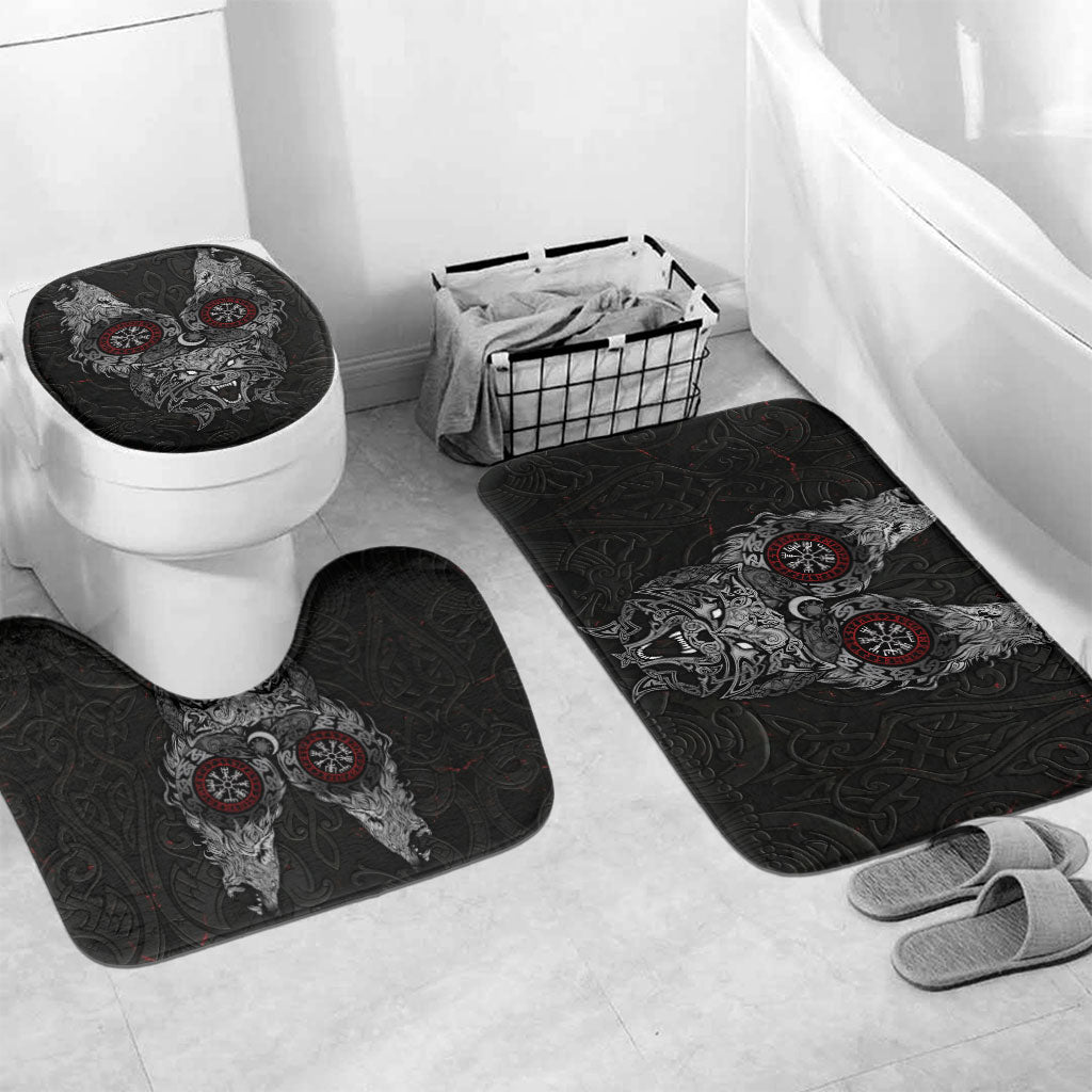 Fenrir Wolf and Vegvisir Viking Bathroom Set Nordic Celtic Knotwork Black and Red Tribal Art