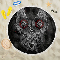 Fenrir Wolf and Vegvisir Viking Beach Blanket Nordic Celtic Knotwork Black and Red Tribal Art