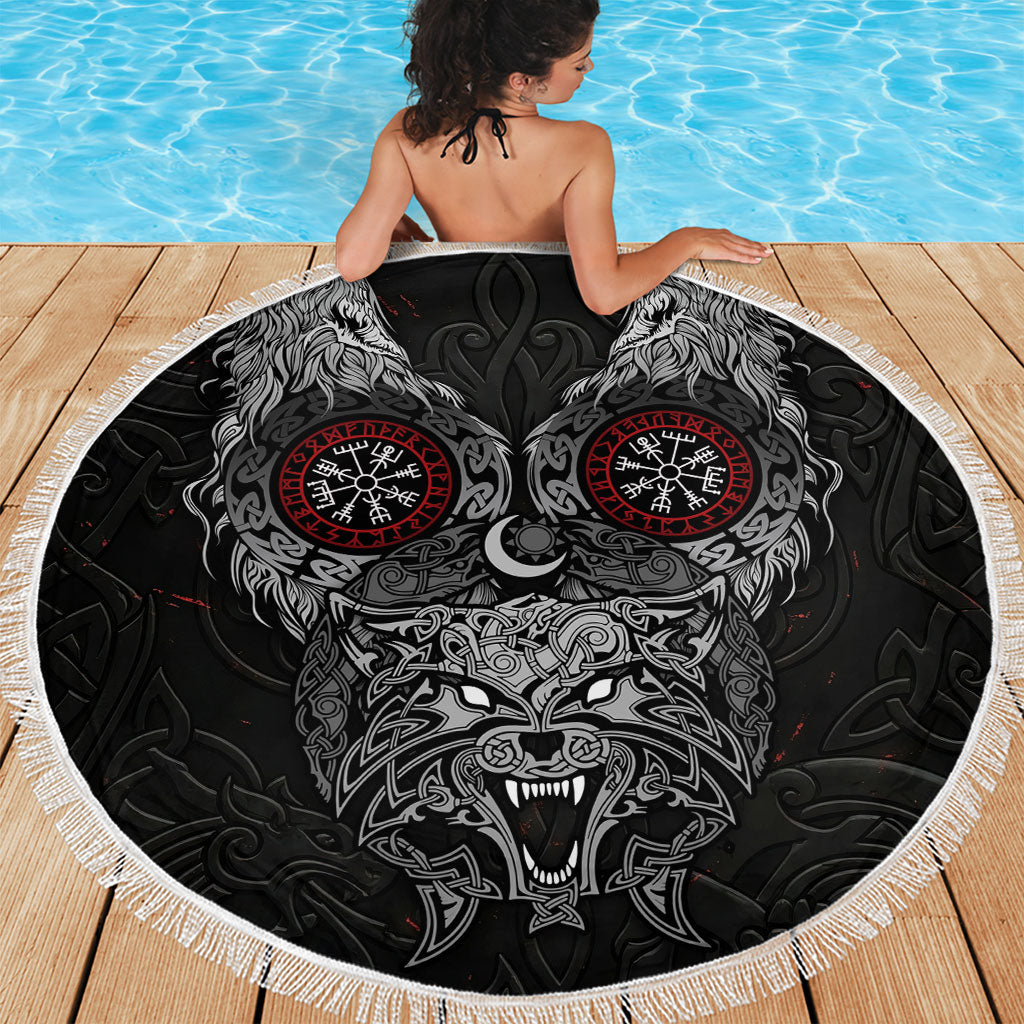 Fenrir Wolf and Vegvisir Viking Beach Blanket Nordic Celtic Knotwork Black and Red Tribal Art