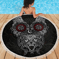 Fenrir Wolf and Vegvisir Viking Beach Blanket Nordic Celtic Knotwork Black and Red Tribal Art