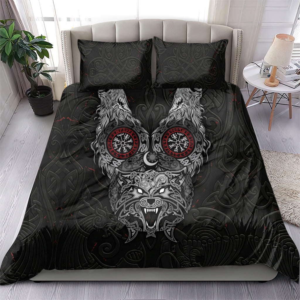 Fenrir Wolf and Vegvisir Viking Bedding Set Nordic Celtic Knotwork Black and Red Tribal Art