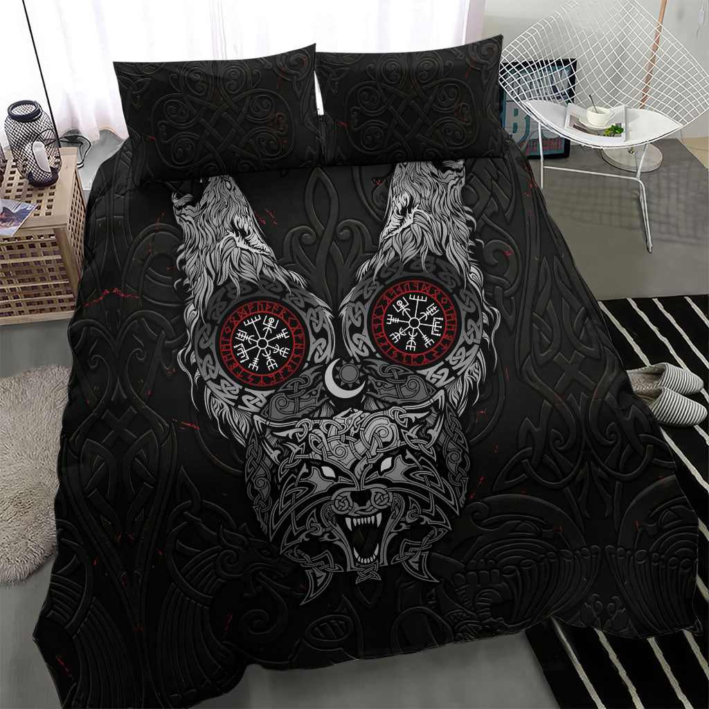 Fenrir Wolf and Vegvisir Viking Bedding Set Nordic Celtic Knotwork Black and Red Tribal Art