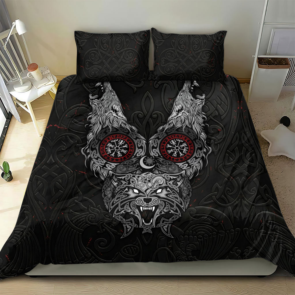 Fenrir Wolf and Vegvisir Viking Bedding Set Nordic Celtic Knotwork Black and Red Tribal Art
