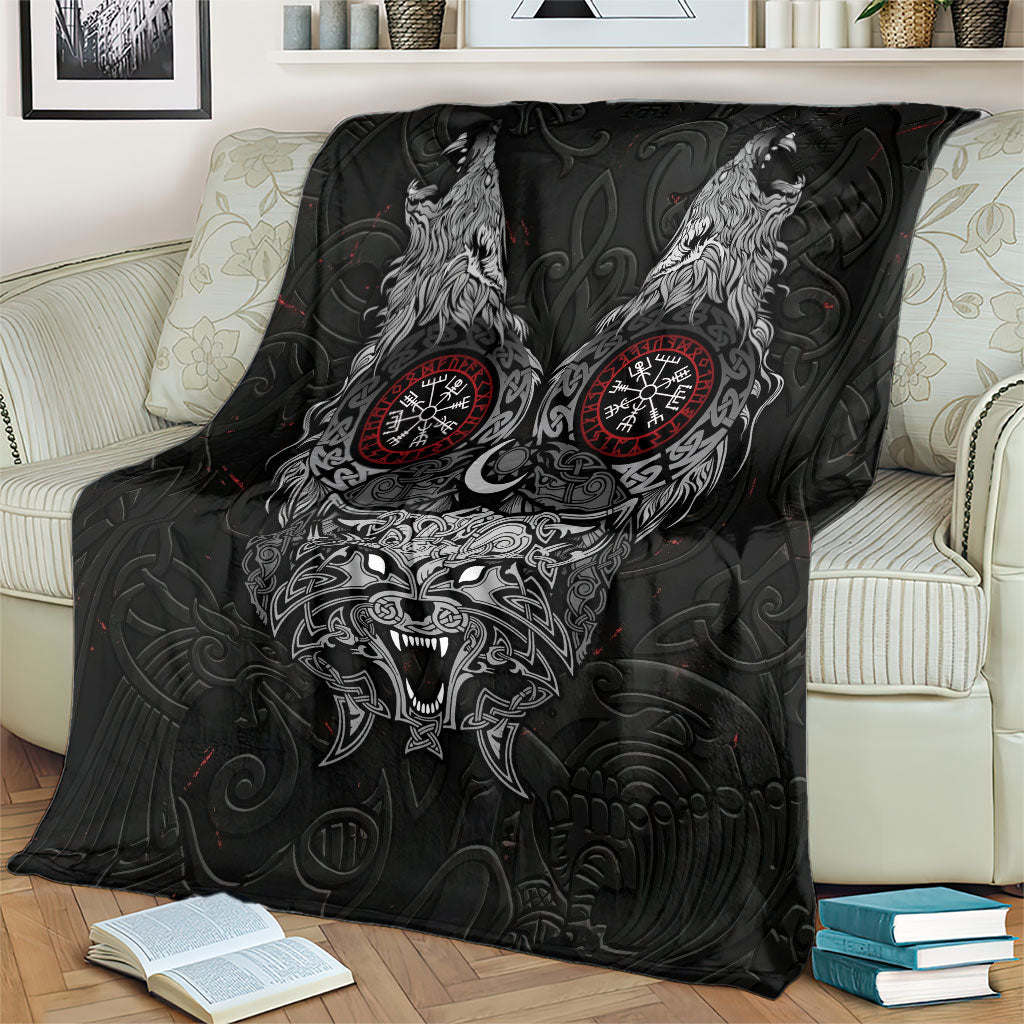 Fenrir Wolf and Vegvisir Viking Blanket Nordic Celtic Knotwork Black and Red Tribal Art
