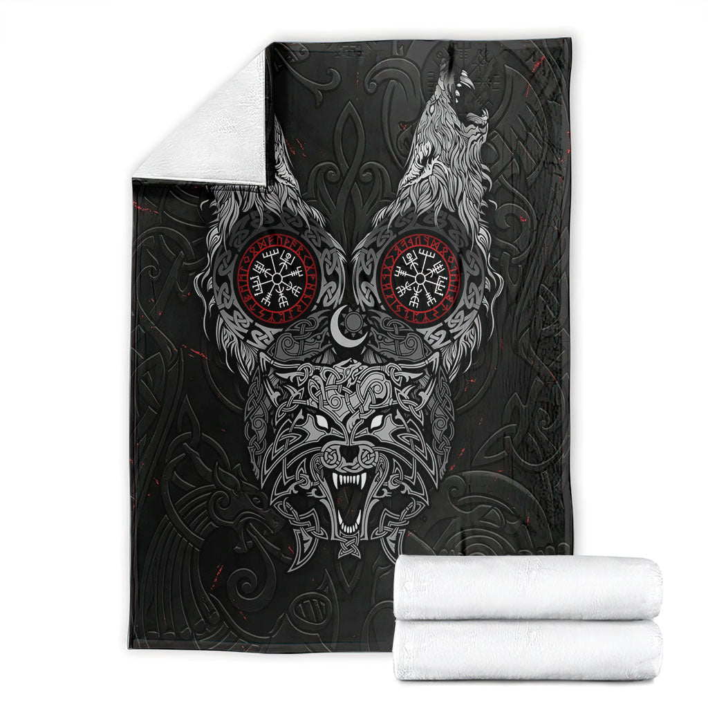 Fenrir Wolf and Vegvisir Viking Blanket Nordic Celtic Knotwork Black and Red Tribal Art