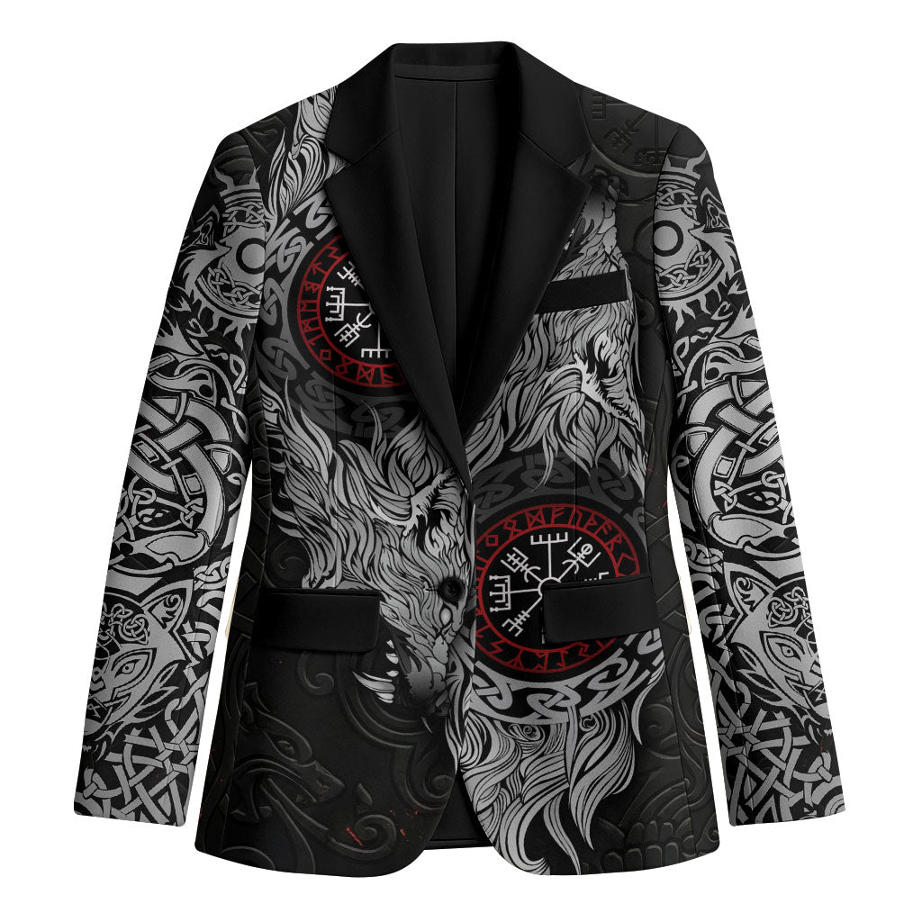 Fenrir Wolf and Vegvisir Viking Blazer Nordic Celtic Knotwork Black and Red Tribal Art