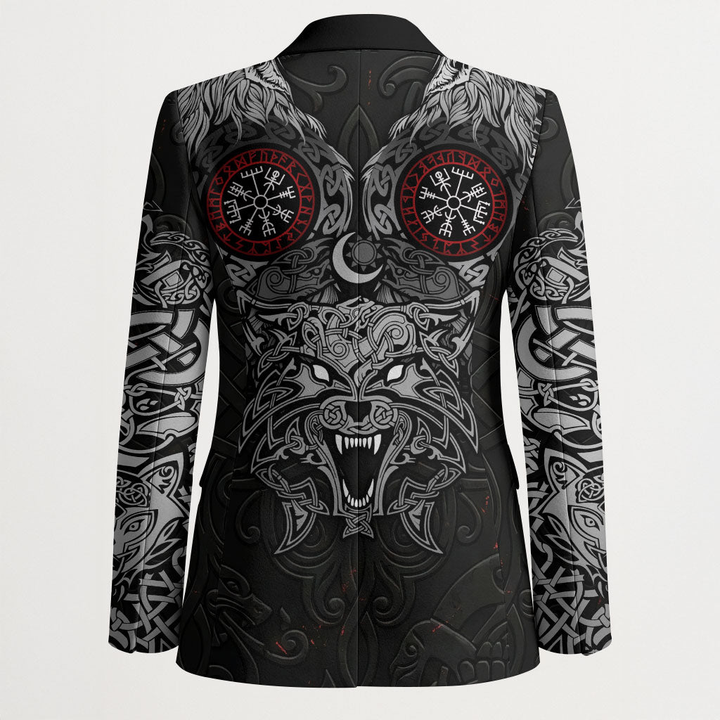 Fenrir Wolf and Vegvisir Viking Blazer Nordic Celtic Knotwork Black and Red Tribal Art