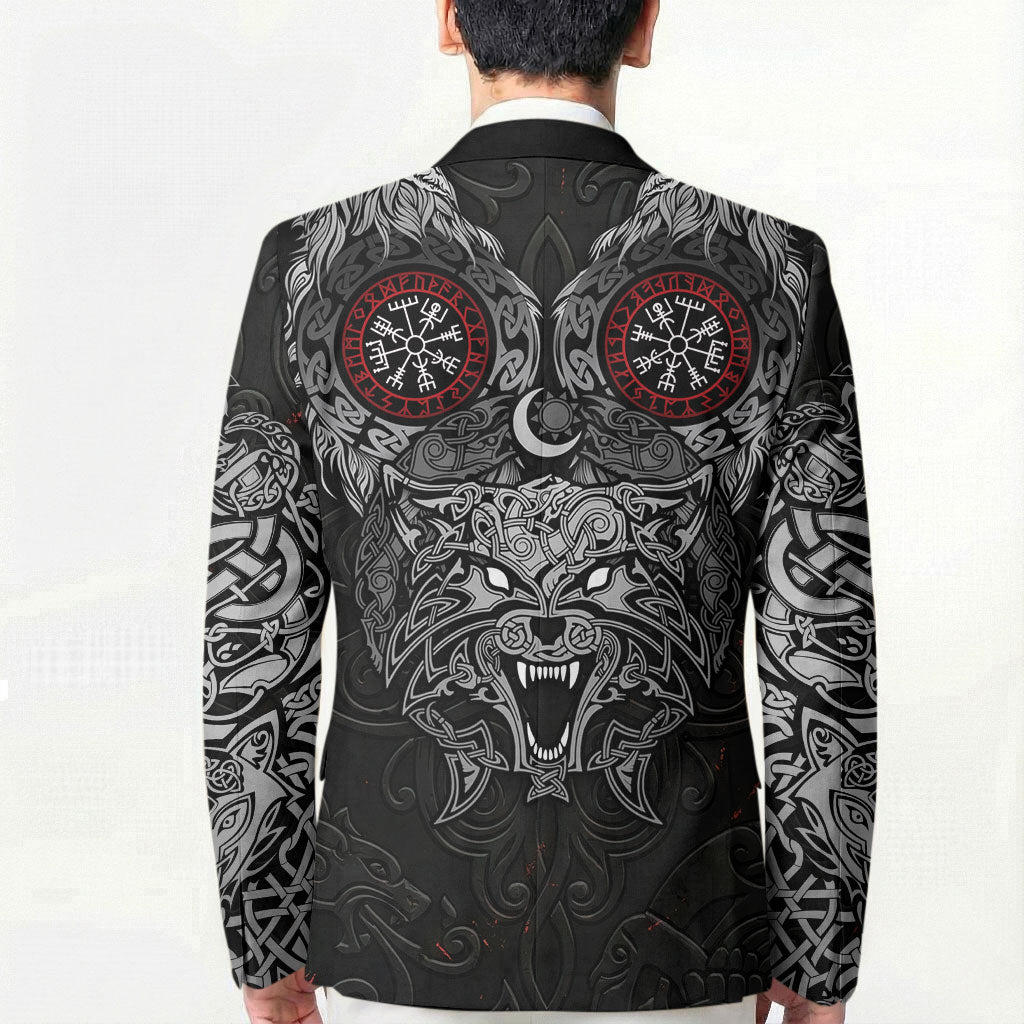 Fenrir Wolf and Vegvisir Viking Blazer Nordic Celtic Knotwork Black and Red Tribal Art