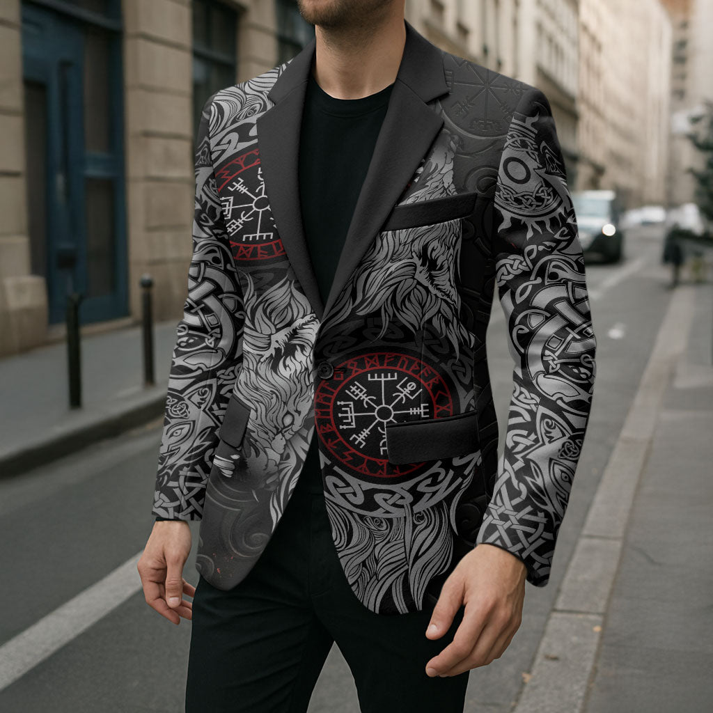 Fenrir Wolf and Vegvisir Viking Blazer Nordic Celtic Knotwork Black and Red Tribal Art