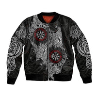 Fenrir Wolf and Vegvisir Viking Bomber Jacket Nordic Celtic Knotwork Black and Red Tribal Art