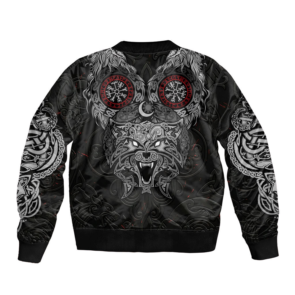 Fenrir Wolf and Vegvisir Viking Bomber Jacket Nordic Celtic Knotwork Black and Red Tribal Art