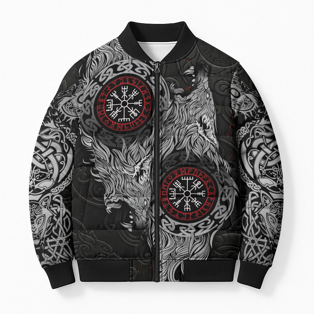 Fenrir Wolf and Vegvisir Viking Bomber Puffer Jacket Nordic Celtic Knotwork Black and Red Tribal Art