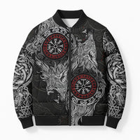 Fenrir Wolf and Vegvisir Viking Bomber Puffer Jacket Nordic Celtic Knotwork Black and Red Tribal Art