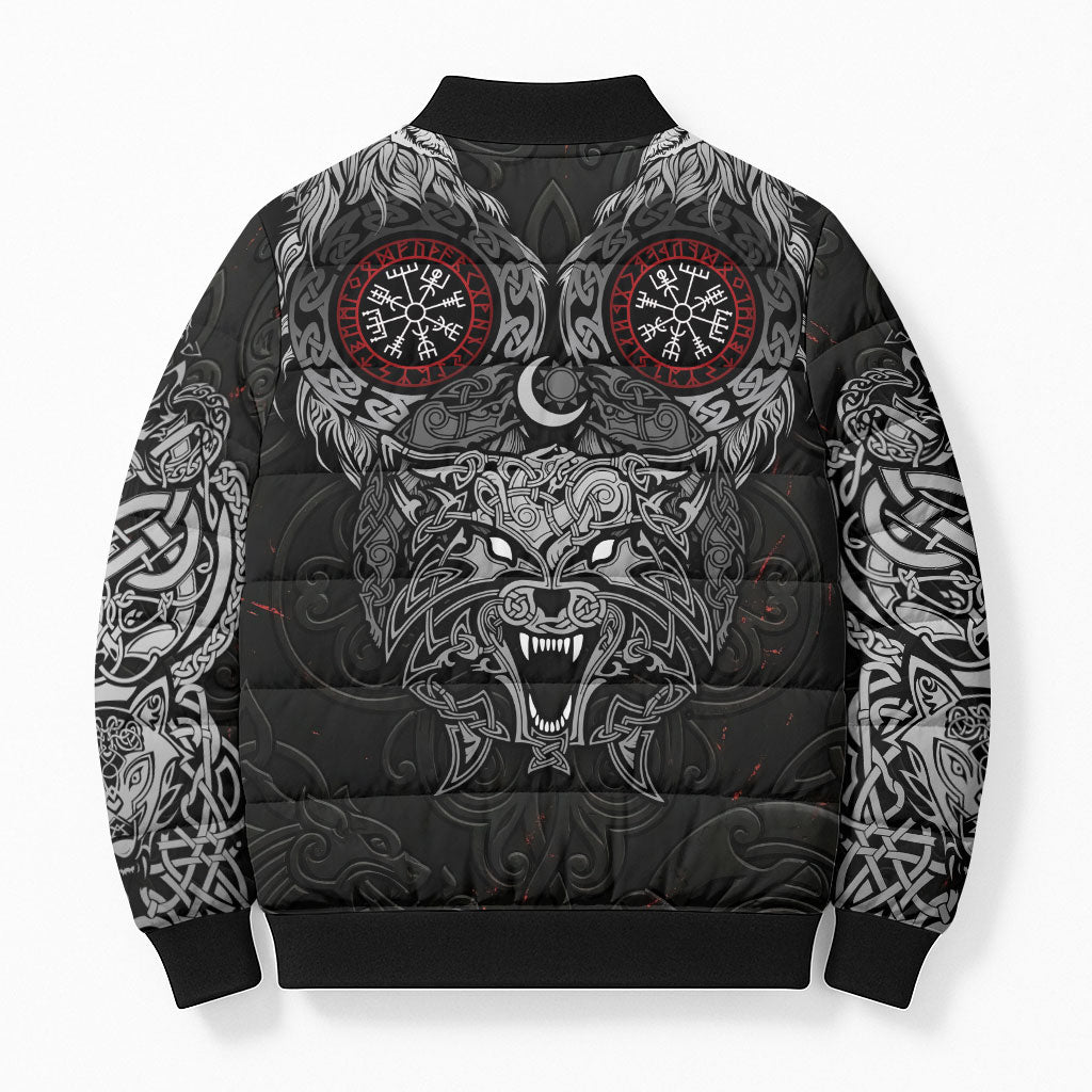 Fenrir Wolf and Vegvisir Viking Bomber Puffer Jacket Nordic Celtic Knotwork Black and Red Tribal Art