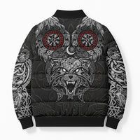 Fenrir Wolf and Vegvisir Viking Bomber Puffer Jacket Nordic Celtic Knotwork Black and Red Tribal Art