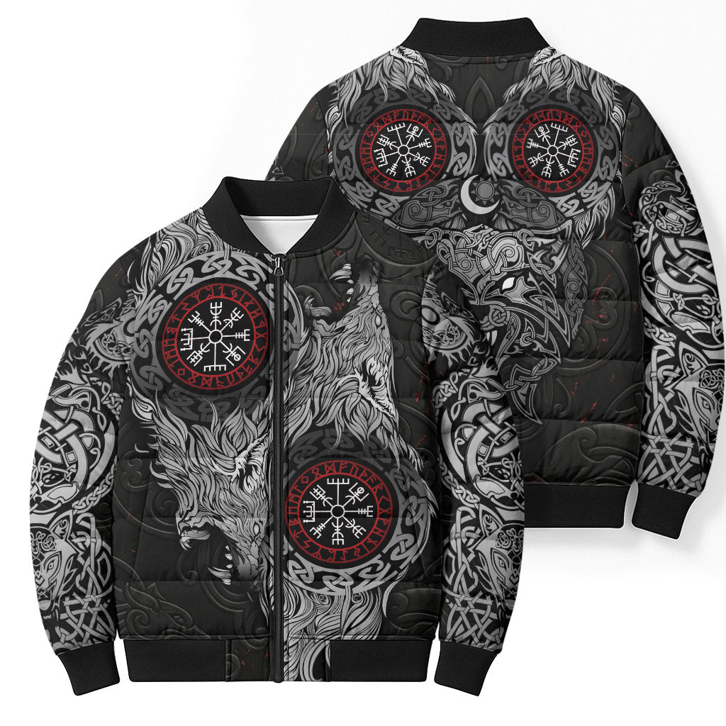 Fenrir Wolf and Vegvisir Viking Bomber Puffer Jacket Nordic Celtic Knotwork Black and Red Tribal Art