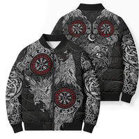 Fenrir Wolf and Vegvisir Viking Bomber Puffer Jacket Nordic Celtic Knotwork Black and Red Tribal Art