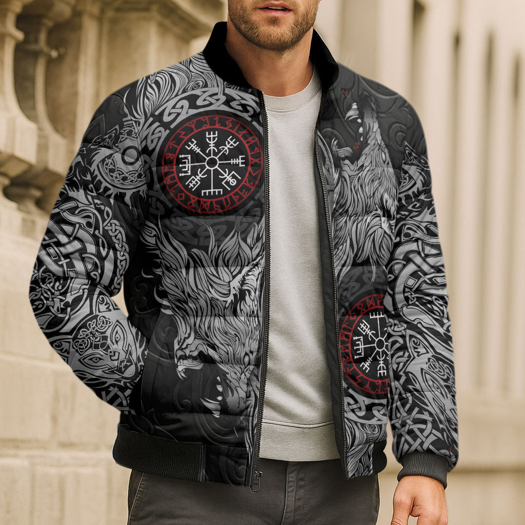 Fenrir Wolf and Vegvisir Viking Bomber Puffer Jacket Nordic Celtic Knotwork Black and Red Tribal Art