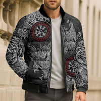 Fenrir Wolf and Vegvisir Viking Bomber Puffer Jacket Nordic Celtic Knotwork Black and Red Tribal Art