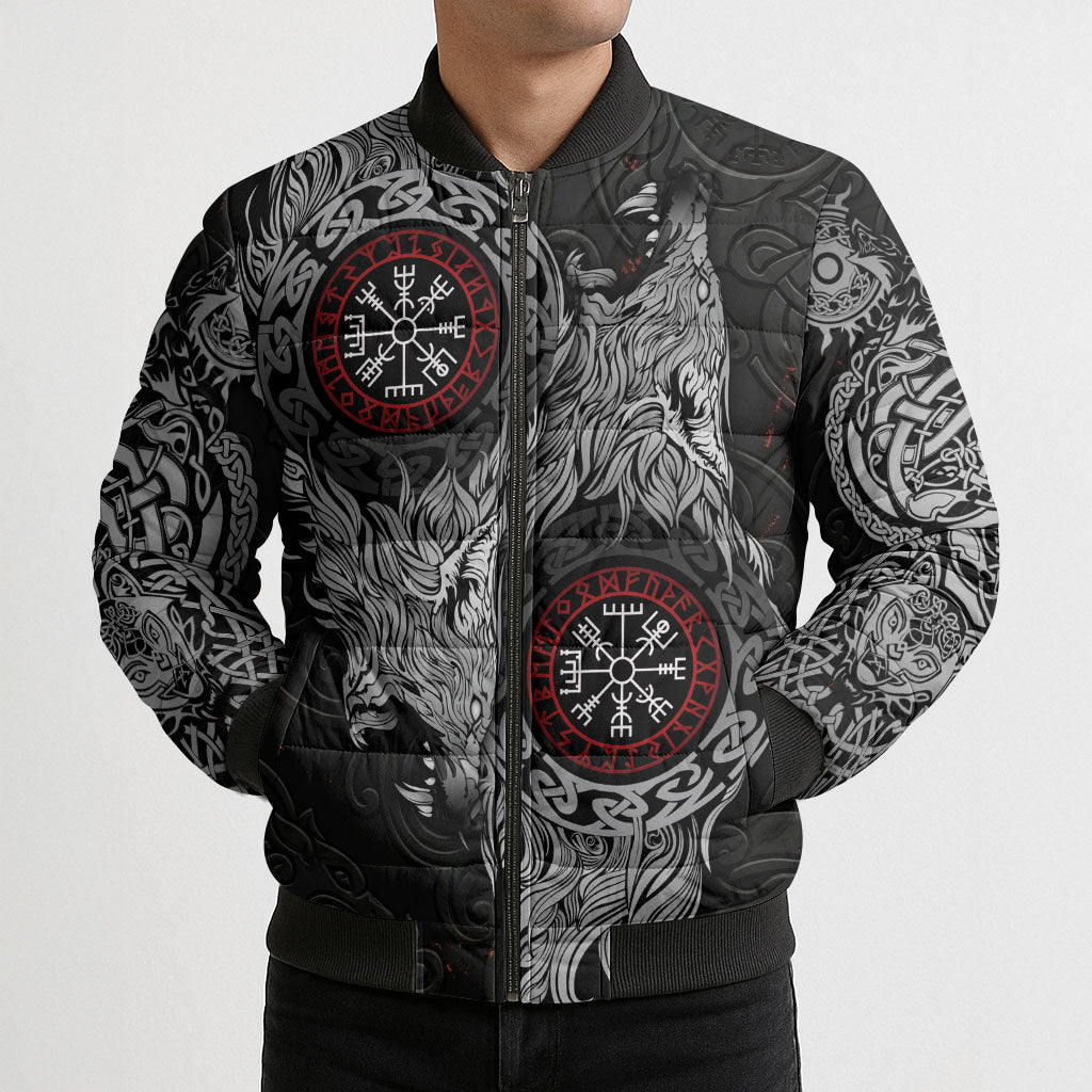 Fenrir Wolf and Vegvisir Viking Bomber Puffer Jacket Nordic Celtic Knotwork Black and Red Tribal Art