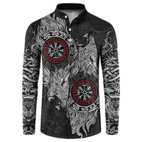 Fenrir Wolf and Vegvisir Viking Button Sweatshirt Nordic Celtic Knotwork Black and Red Tribal Art
