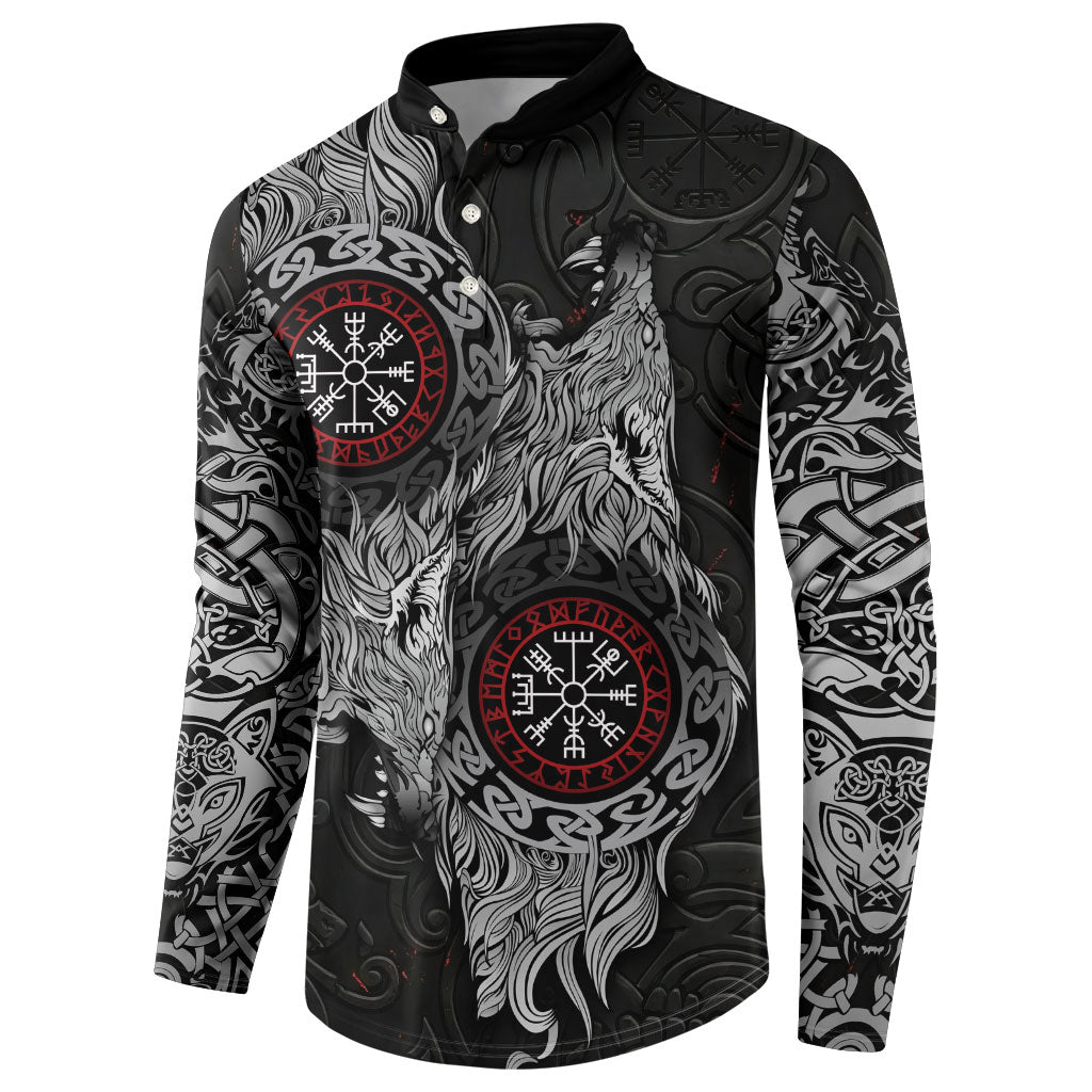 Fenrir Wolf and Vegvisir Viking Button Sweatshirt Nordic Celtic Knotwork Black and Red Tribal Art