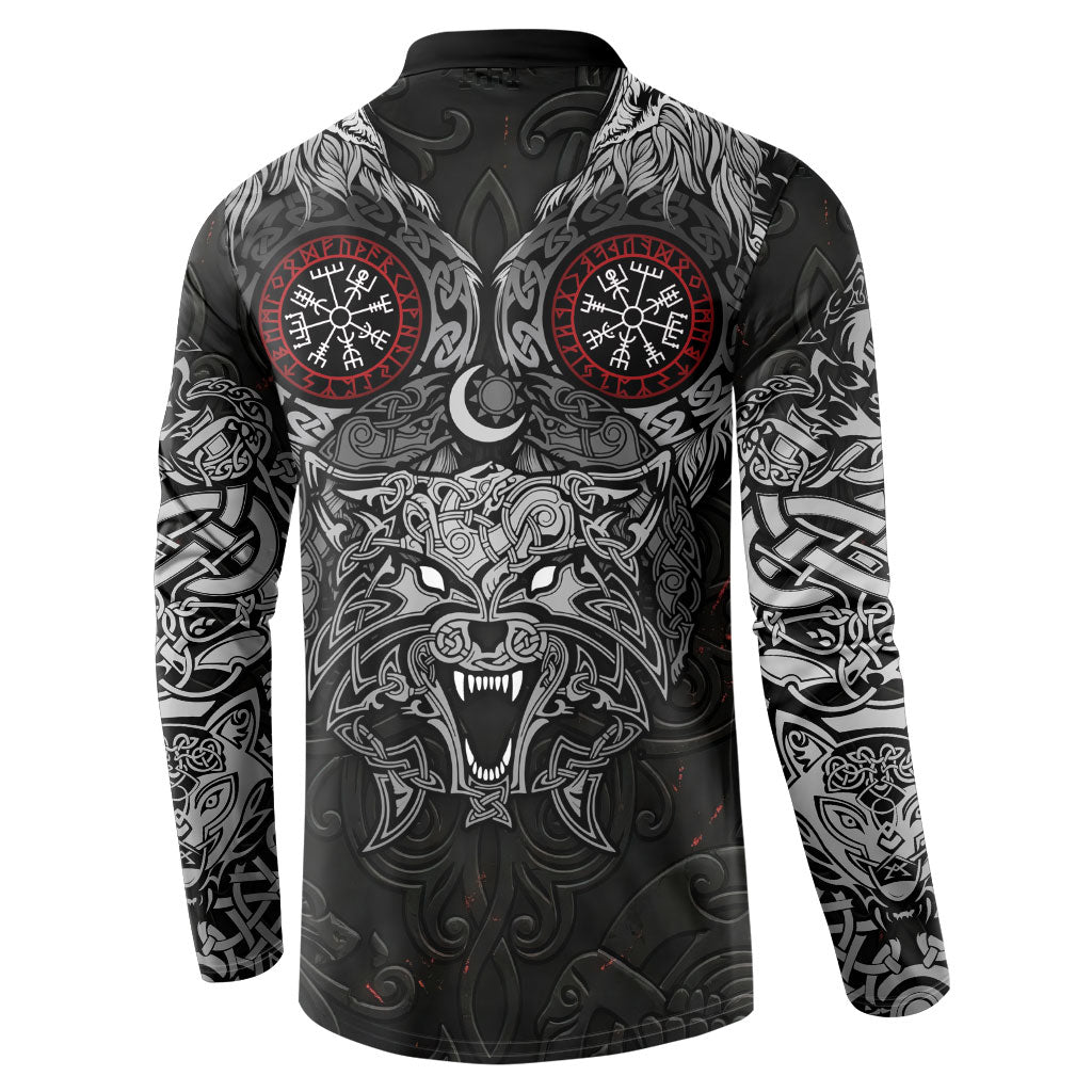 Fenrir Wolf and Vegvisir Viking Button Sweatshirt Nordic Celtic Knotwork Black and Red Tribal Art