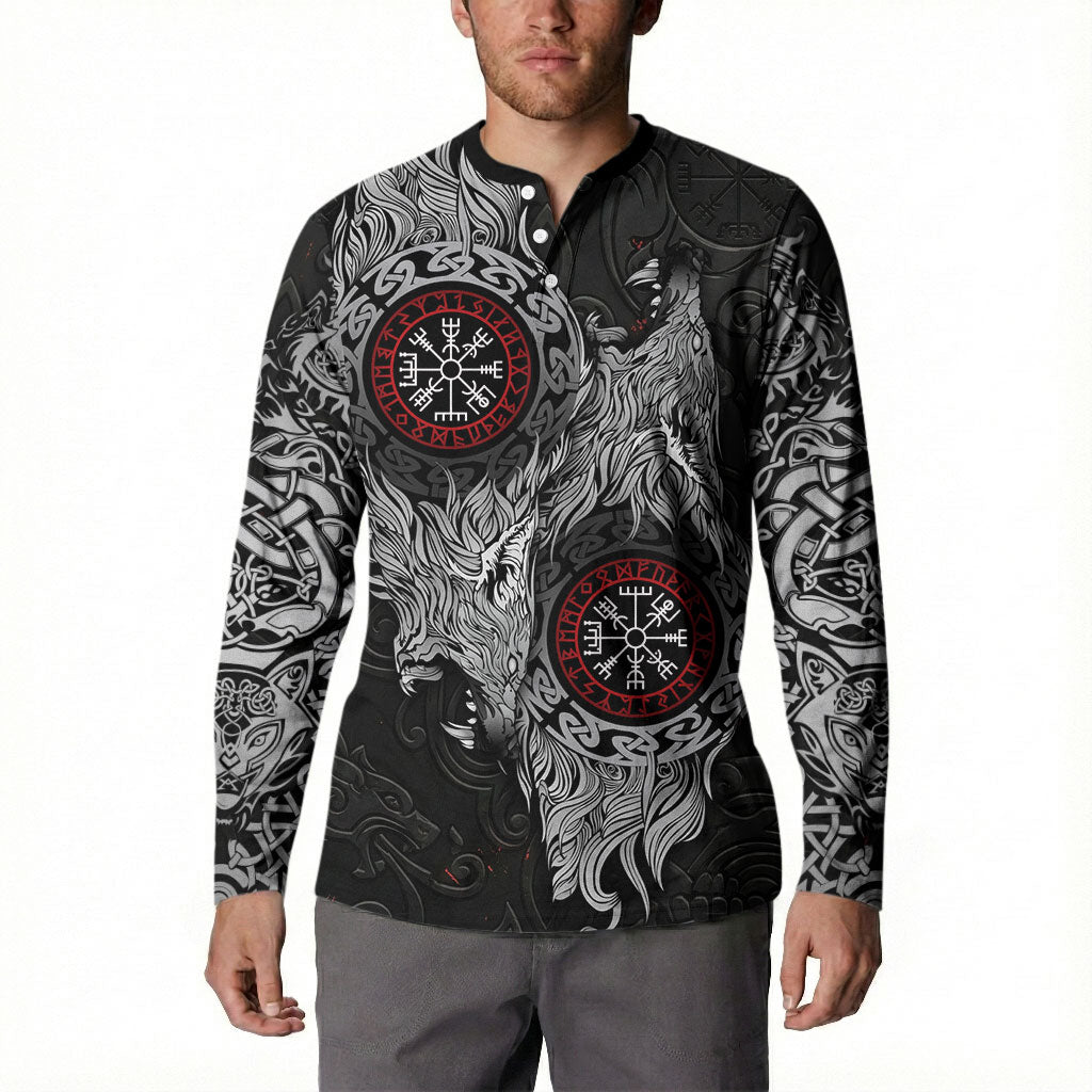 Fenrir Wolf and Vegvisir Viking Button Sweatshirt Nordic Celtic Knotwork Black and Red Tribal Art