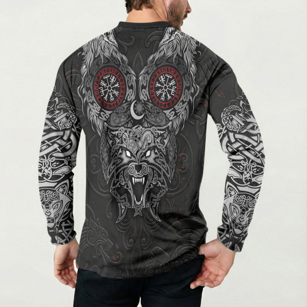 Fenrir Wolf and Vegvisir Viking Button Sweatshirt Nordic Celtic Knotwork Black and Red Tribal Art