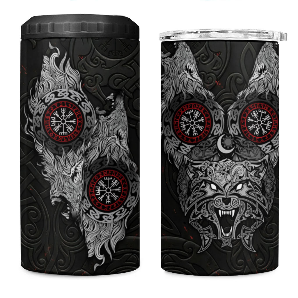 Fenrir Wolf and Vegvisir Viking 4 in 1 Can Cooler Tumbler Nordic Celtic Knotwork Black and Red Tribal Art