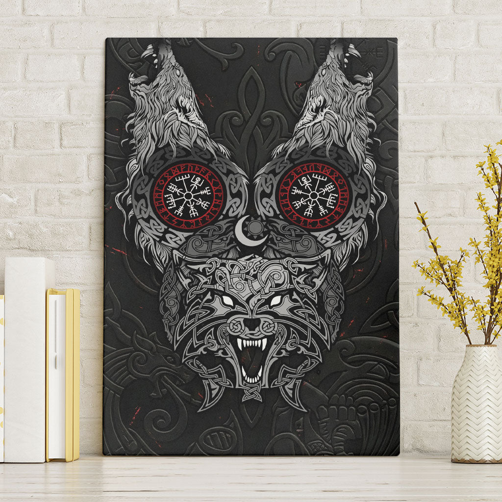 Fenrir Wolf and Vegvisir Viking Canvas Wall Art Nordic Celtic Knotwork Black and Red Tribal Art