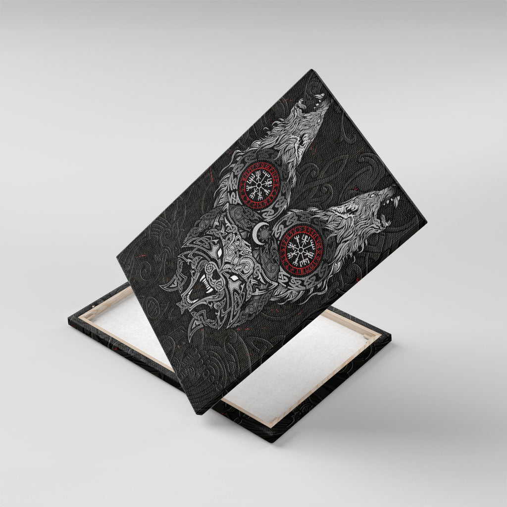 Fenrir Wolf and Vegvisir Viking Canvas Wall Art Nordic Celtic Knotwork Black and Red Tribal Art
