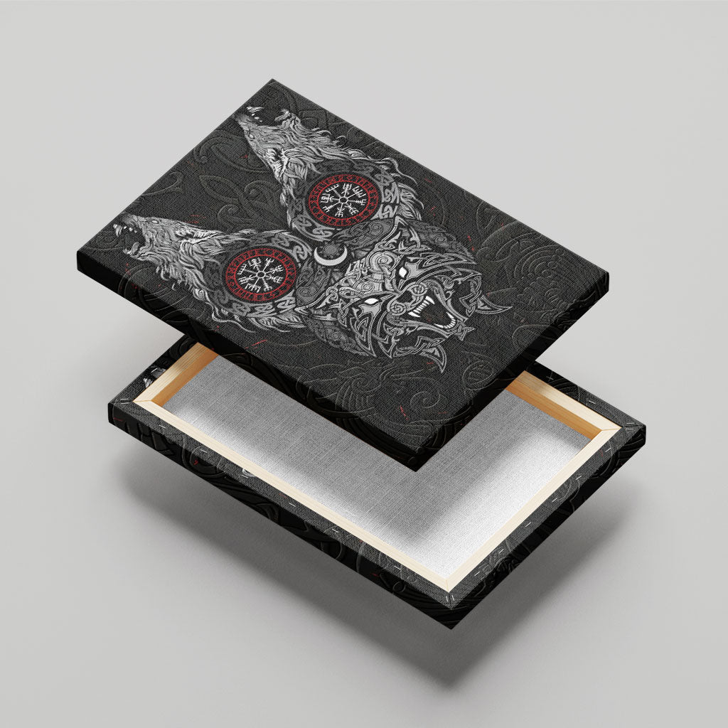 Fenrir Wolf and Vegvisir Viking Canvas Wall Art Nordic Celtic Knotwork Black and Red Tribal Art