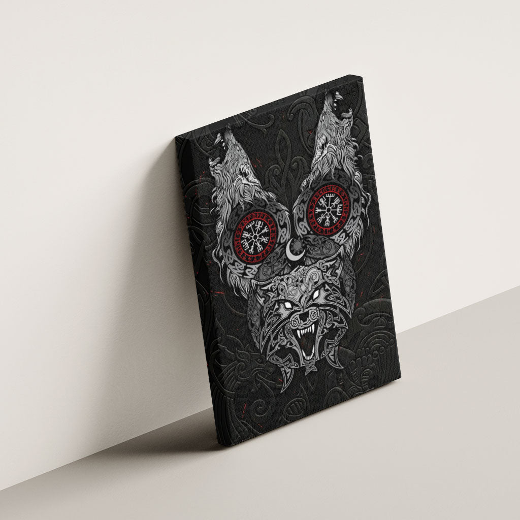 Fenrir Wolf and Vegvisir Viking Canvas Wall Art Nordic Celtic Knotwork Black and Red Tribal Art
