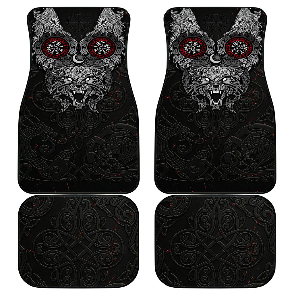 Fenrir Wolf and Vegvisir Viking Car Mats Nordic Celtic Knotwork Black and Red Tribal Art