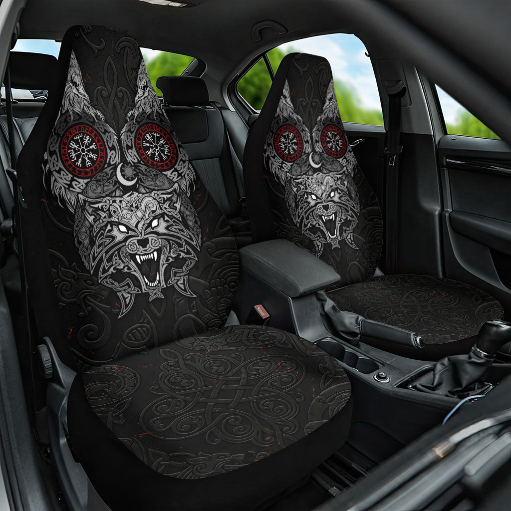 Fenrir Wolf and Vegvisir Viking Car Seat Cover Nordic Celtic Knotwork Black and Red Tribal Art