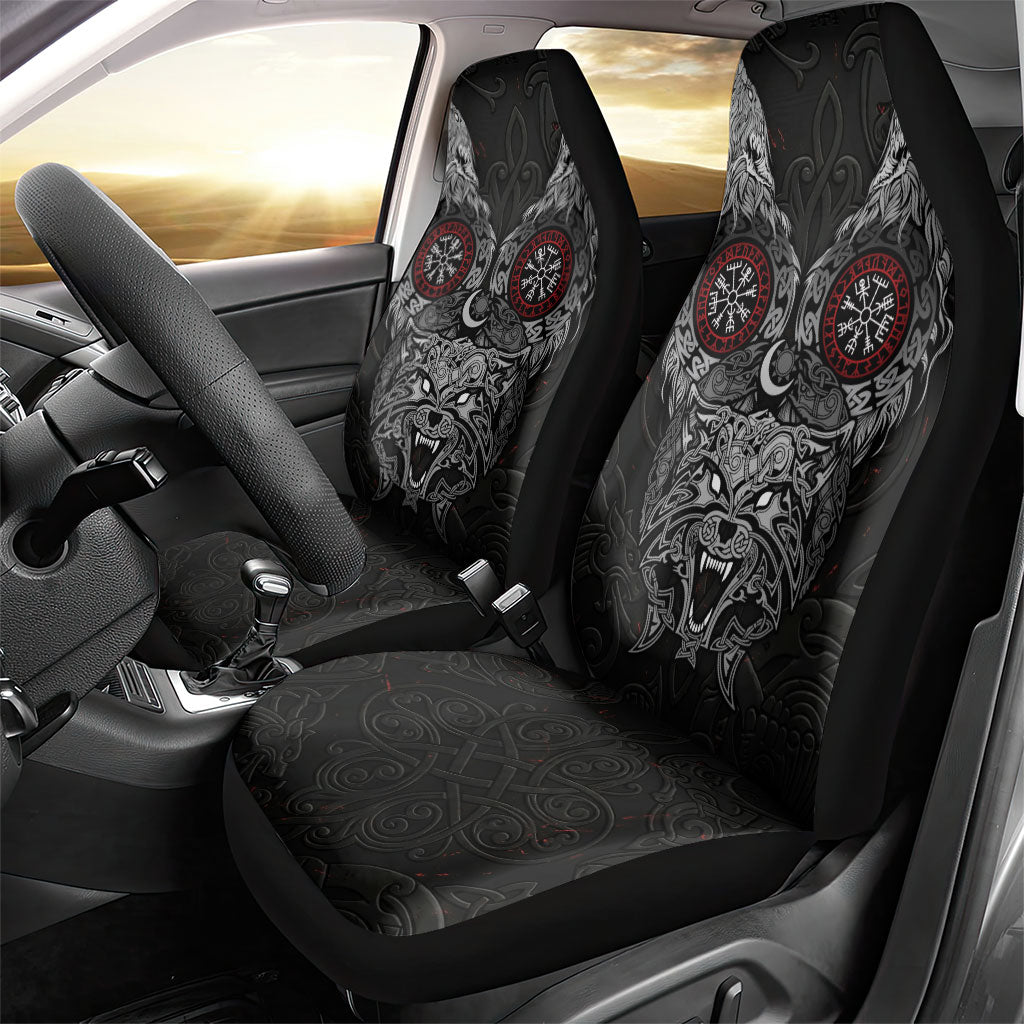 Fenrir Wolf and Vegvisir Viking Car Seat Cover Nordic Celtic Knotwork Black and Red Tribal Art