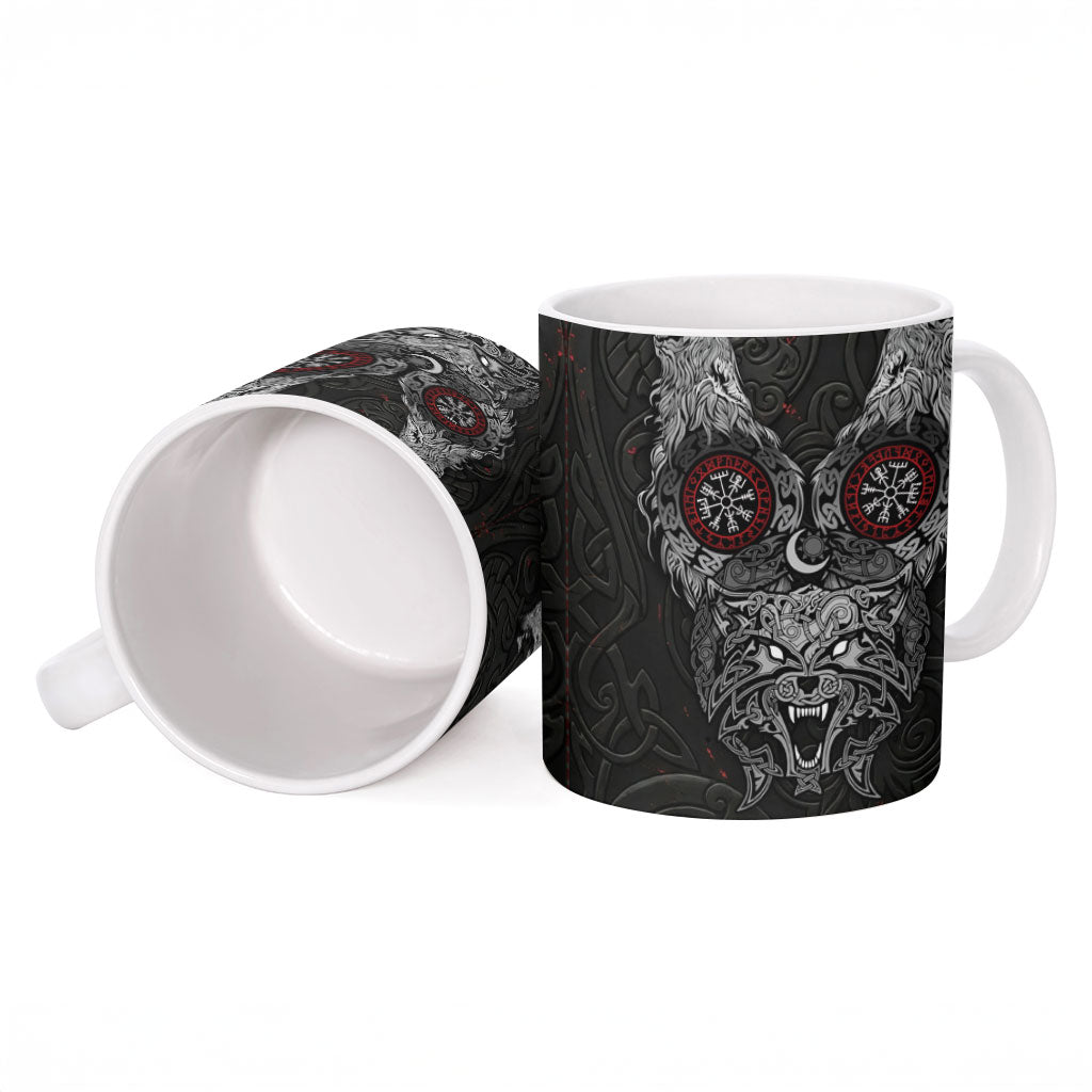 Fenrir Wolf and Vegvisir Viking Ceramic Mug Nordic Celtic Knotwork Black and Red Tribal Art