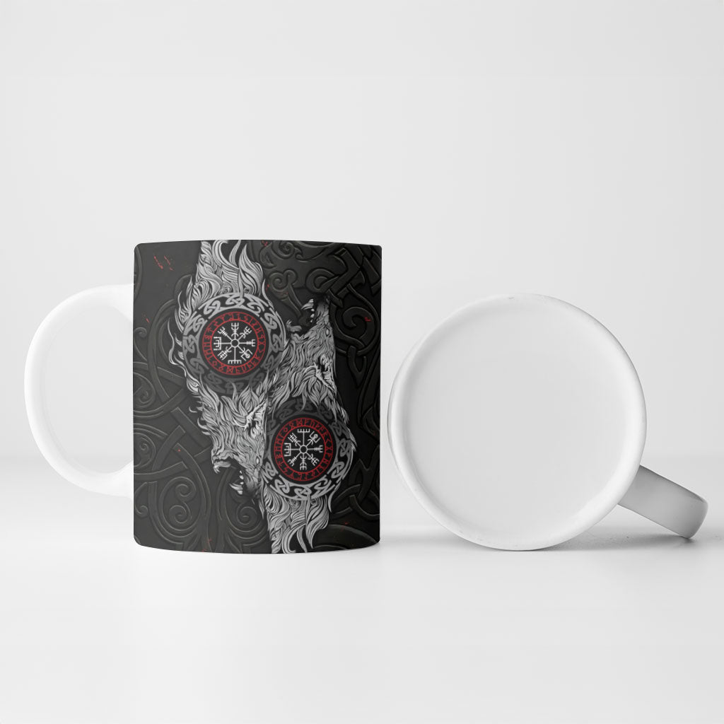 Fenrir Wolf and Vegvisir Viking Ceramic Mug Nordic Celtic Knotwork Black and Red Tribal Art