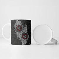 Fenrir Wolf and Vegvisir Viking Ceramic Mug Nordic Celtic Knotwork Black and Red Tribal Art