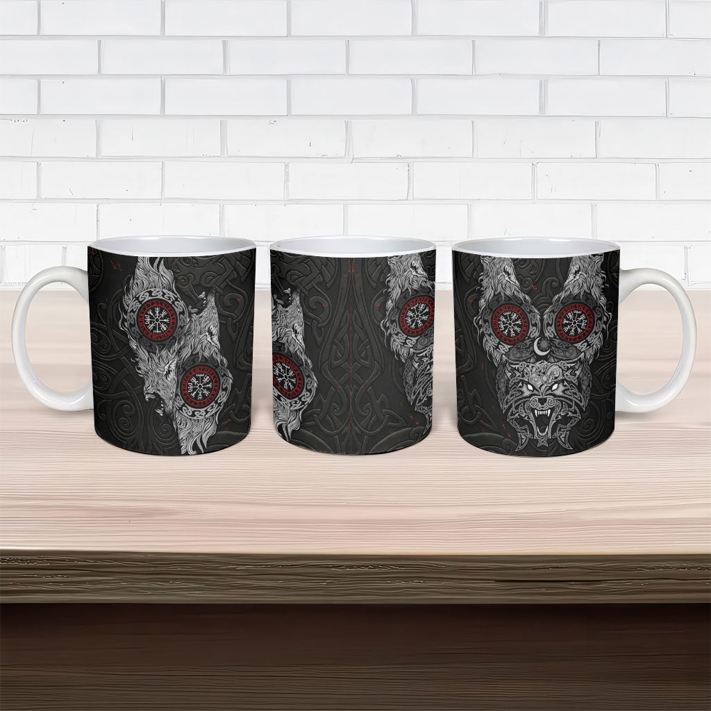 Fenrir Wolf and Vegvisir Viking Ceramic Mug Nordic Celtic Knotwork Black and Red Tribal Art