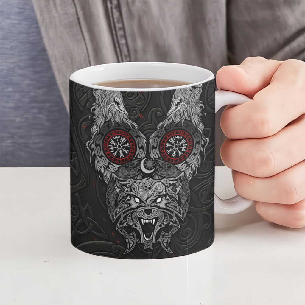 Fenrir Wolf and Vegvisir Viking Ceramic Mug Nordic Celtic Knotwork Black and Red Tribal Art